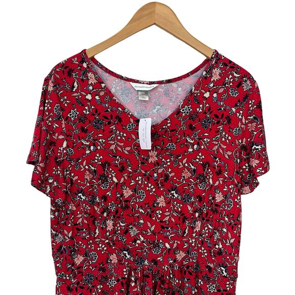 Christopher & Banks Womens XL Dress V Neck Red Floral Stretch Cottage Rayon - Picture 5 of 11